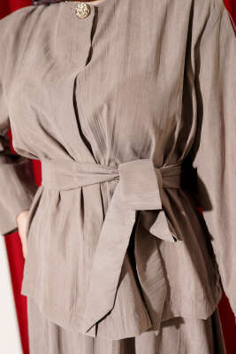 Gold Düğme Detaylı Tensel Etekli İkili Takım Vizon - Thumbnail