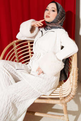 Bel Tünelli Kabartma Desen Yelekli Takım Ekru - Thumbnail