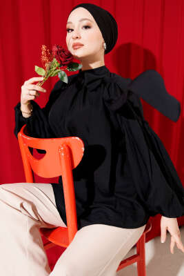 Pazarium - Omuz Fiyonklu Salaş Tunik Siyah