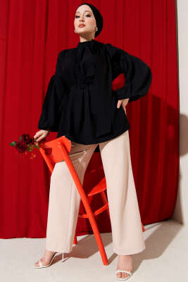 Omuz Fiyonklu Salaş Tunik Siyah - Thumbnail