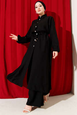 Beli Tünelli Uzun Tunikli İkili Takım Siyah - Thumbnail