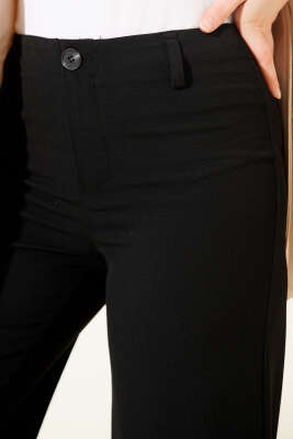 Geniş Paça Düğmeli Pantolon Siyah - Thumbnail