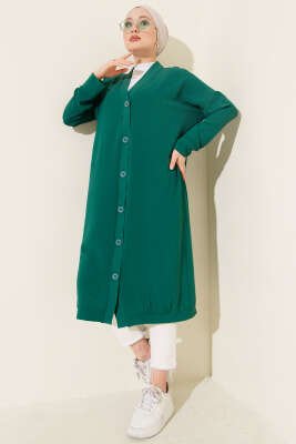 Pazarium - Önü Düğmeli Ayrobin Zümrüt Yeşili Uzun Hırka