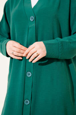 Önü Düğmeli Ayrobin Zümrüt Yeşili Uzun Hırka - Thumbnail