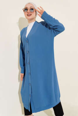Pazarium - Önü Düğmeli Ayrobin Mavi Uzun Hırka