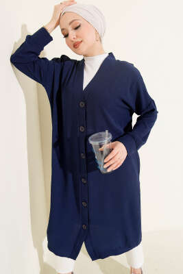 Önü Düğmeli Ayrobin Lacivert Uzun Hırka - Thumbnail