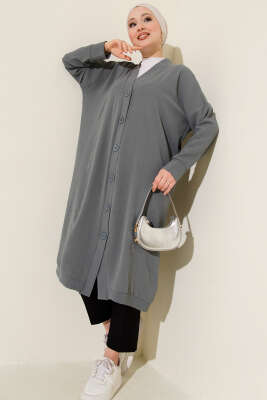 Pazarium - Önü Düğmeli Ayrobin Kayrak Grisi Uzun Hırka