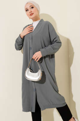 Önü Düğmeli Ayrobin Kayrak Grisi Uzun Hırka - Thumbnail