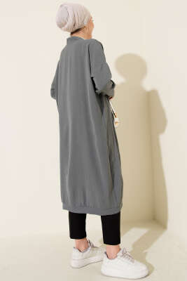 Önü Düğmeli Ayrobin Kayrak Grisi Uzun Hırka - Thumbnail