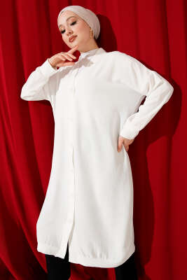 Önü Düğmeli Ayrobin Beyaz Uzun Hırka - Thumbnail