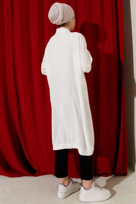 Önü Düğmeli Ayrobin Beyaz Uzun Hırka - Thumbnail