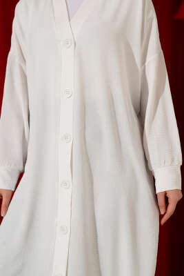 Önü Düğmeli Ayrobin Beyaz Uzun Hırka - Thumbnail