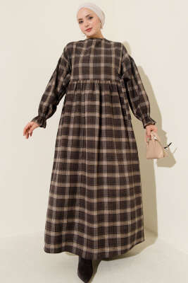 Pazarium - Yanları Bağlamalı Ekoseli Elbise Kahve