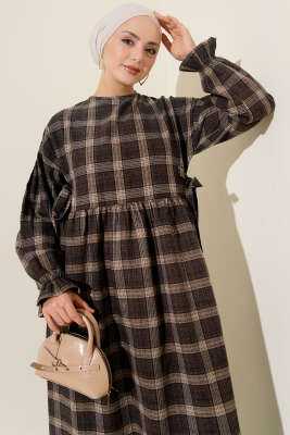 Yanları Bağlamalı Ekoseli Elbise Kahve - Thumbnail