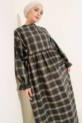 Yanları Bağlamalı Ekoseli Elbise Haki - Thumbnail