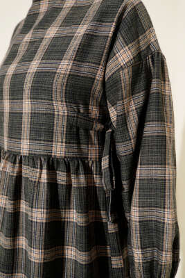 Yanları Bağlamalı Ekoseli Elbise Haki - Thumbnail