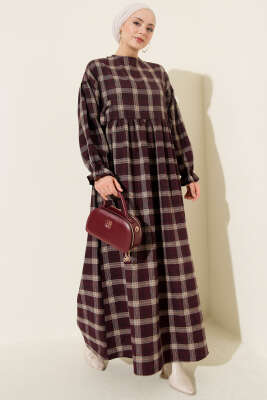 Pazarium - Yanları Bağlamalı Ekoseli Elbise Bordo