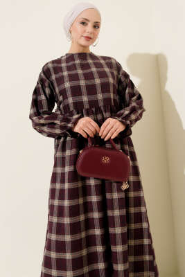 Yanları Bağlamalı Ekoseli Elbise Bordo - Thumbnail