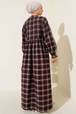 Yanları Bağlamalı Ekoseli Elbise Bordo - Thumbnail