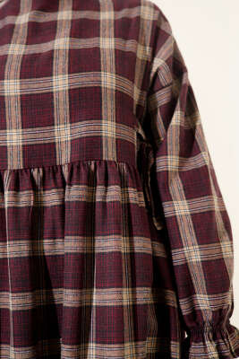 Yanları Bağlamalı Ekoseli Elbise Bordo - Thumbnail