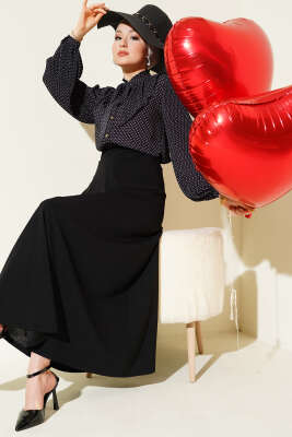 Puantiyeli Yaka Fırfırlı Kısa Gömlek Siyah - Thumbnail