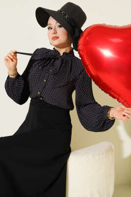 Puantiyeli Yaka Fırfırlı Kısa Gömlek Siyah - Thumbnail