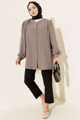 Brit Düğmeli V Yaka Gömlek Vizon - Thumbnail