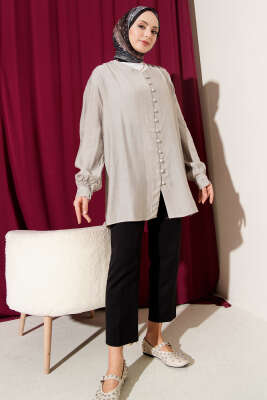 Brit Düğmeli V Yaka Gömlek Gri - Thumbnail