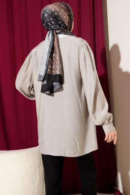 Brit Düğmeli V Yaka Gömlek Gri - Thumbnail