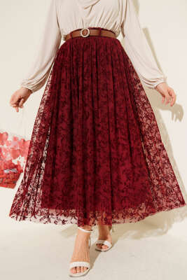 Pazarium - Bel Lastikli Çiçek Desen Tül Etek Bordo