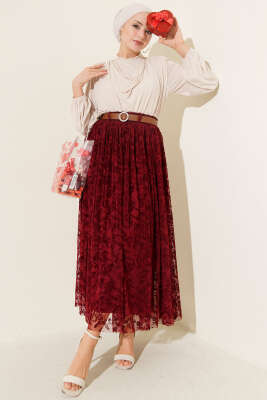 Bel Lastikli Çiçek Desen Tül Etek Bordo - Thumbnail