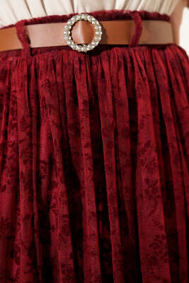 Bel Lastikli Çiçek Desen Tül Etek Bordo - Thumbnail