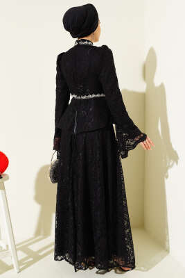 Çiçek Dantelli Taşlı Abiye İkili Takım Siyah - Thumbnail