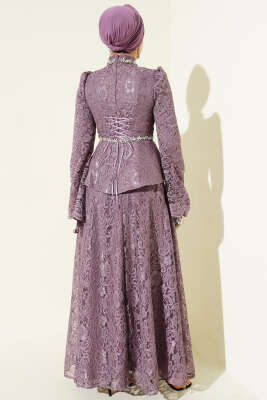 Çiçek Dantelli Taşlı Abiye İkili Takım Lila - Thumbnail