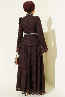 Çiçek Dantelli Taşlı Abiye İkili Takım Kahve - Thumbnail