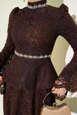 Çiçek Dantelli Taşlı Abiye İkili Takım Kahve - Thumbnail