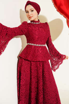Çiçek Dantelli Taşlı Abiye İkili Takım Bordo - Thumbnail