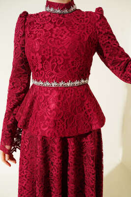 Çiçek Dantelli Taşlı Abiye İkili Takım Bordo - Thumbnail