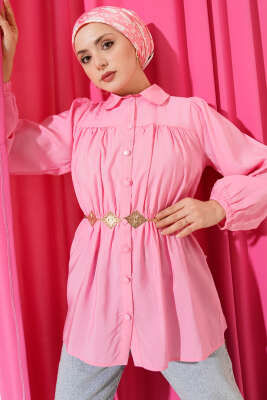 Beli Lastik Detaylı Gömlek Pembe - Thumbnail