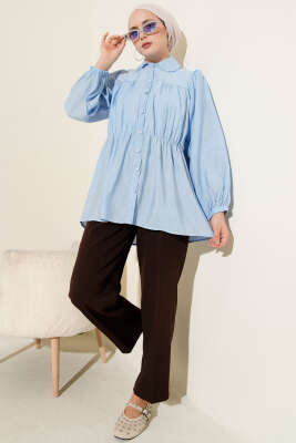Beli Lastik Detaylı Gömlek Mavi - Thumbnail