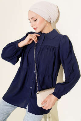 Pazarium - Beli Lastik Detaylı Gömlek Lacivert