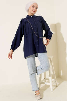 Beli Lastik Detaylı Gömlek Lacivert - Thumbnail