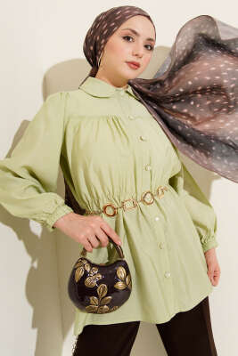 Beli Lastik Detaylı Gömlek Fıstık Yeşili - Thumbnail