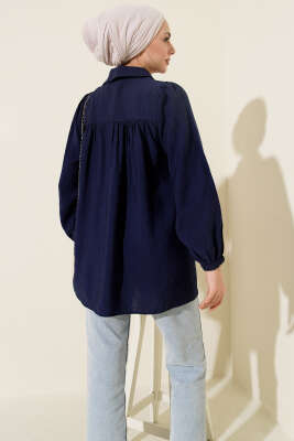 Beli Lastik Detaylı Gömlek Lacivert - Thumbnail