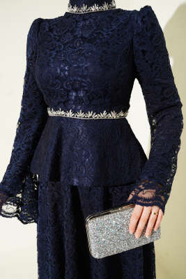 Çiçek Dantelli Taşlı Abiye İkili Takım Lacivert - Thumbnail