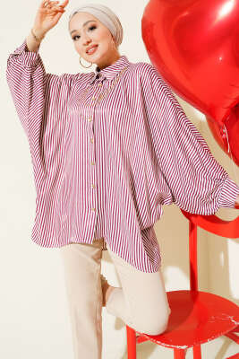 Yarasa Kol Çizgili Oversize Gömlek Bordo - Thumbnail
