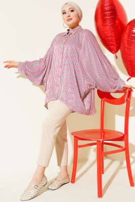 Yarasa Kol Çizgili Oversize Gömlek Bordo - Thumbnail