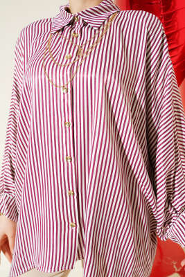 Yarasa Kol Çizgili Oversize Gömlek Bordo - Thumbnail