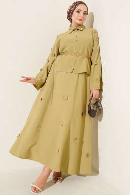 Pazarium - Çiçek Süslemeli Tensel Etekli Takım Yağ Yeşili