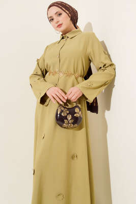 Çiçek Süslemeli Tensel Etekli Takım Yağ Yeşili - Thumbnail